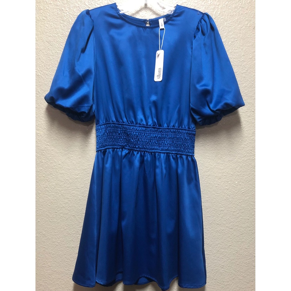 Glam Los Angeles Royal Blue Satin Open Back Smocked Mini Dress GD3845 Small NWT